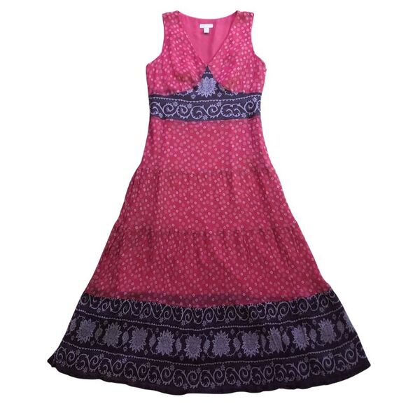 Charter Club Silk Maxi Dress Womens Sz 10 Salmon Brown Boho Tiered V-neck Lined - Picture 10 of 16